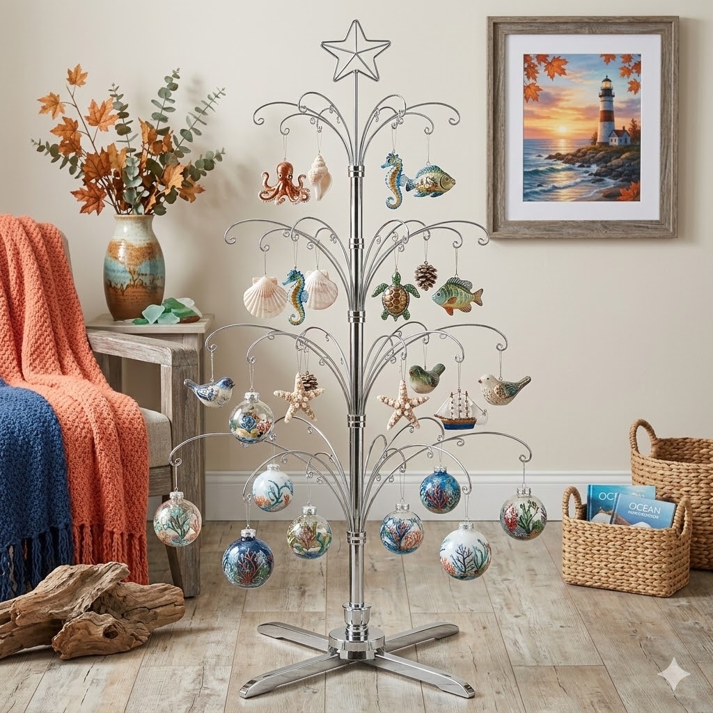 HOHIYA 74 Inch Rotating Ornament Display Tree Heavy Duty Metal Stand with 90 Hooks Large Floor Christmas Tree for Keepsake Ornaments Chrome Silver